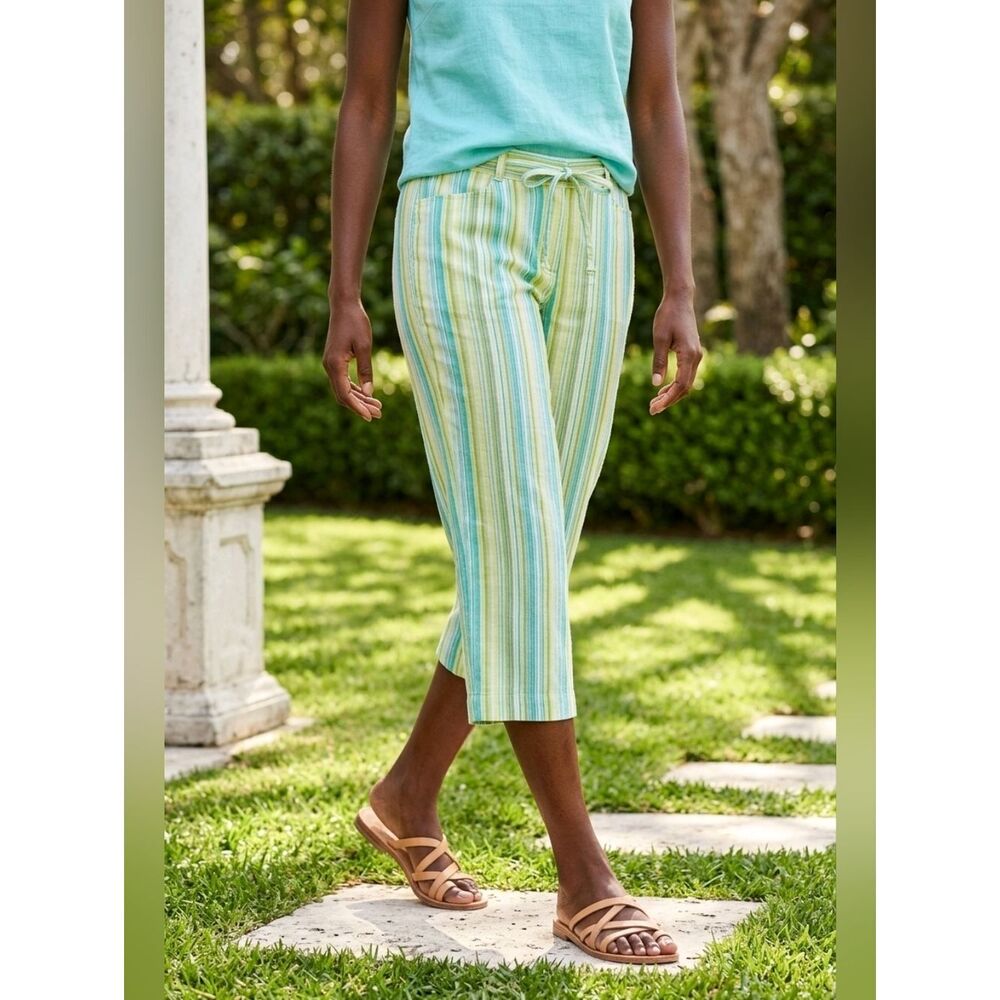 🔺️Sag Harbor Sport Turquoise & Lime Striped Capri Pants Petite 6